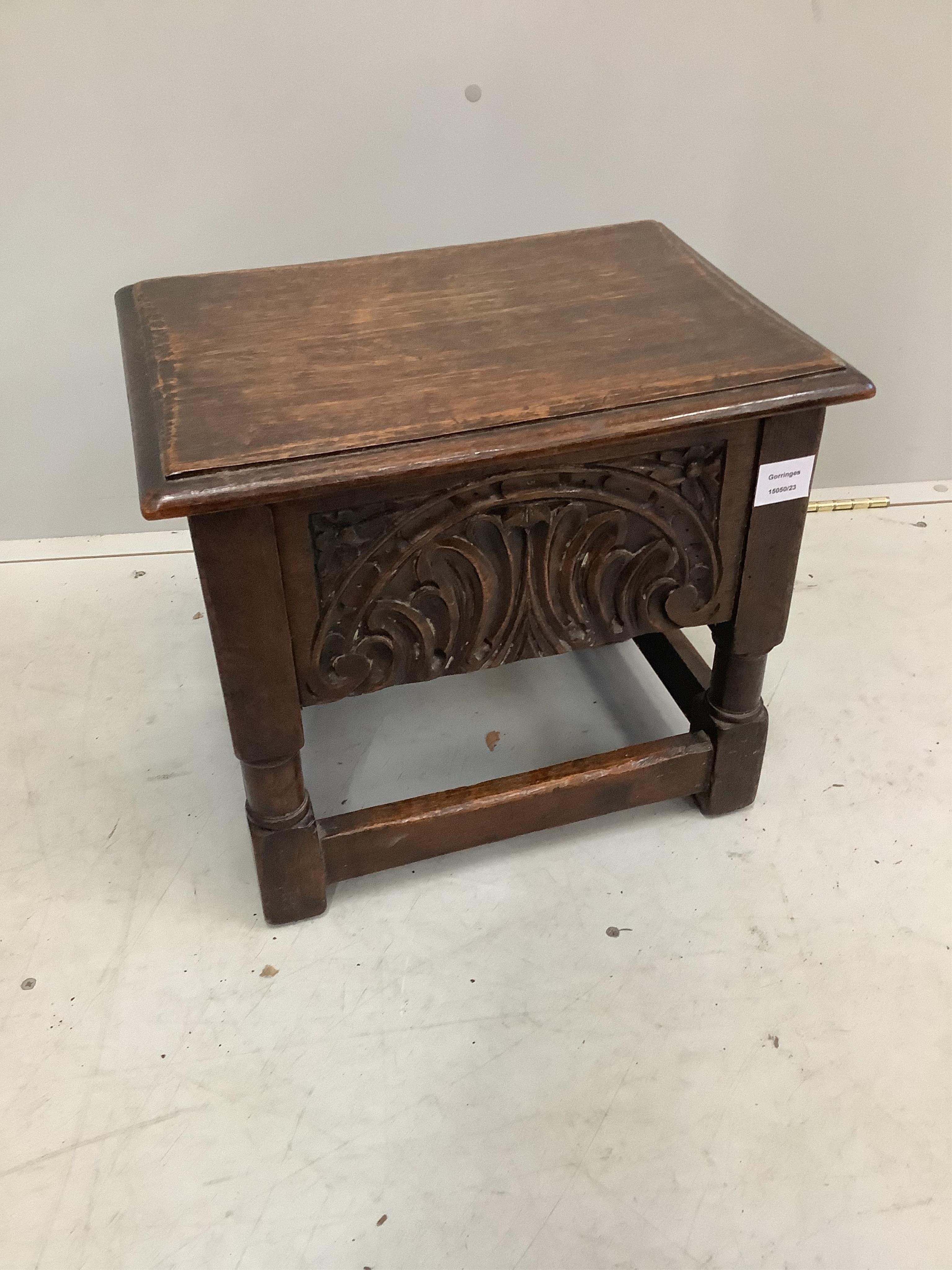 A late 17th century style carved oak box seat stool, width 46cm, depth 34cm, height 40cm. Condition - fair